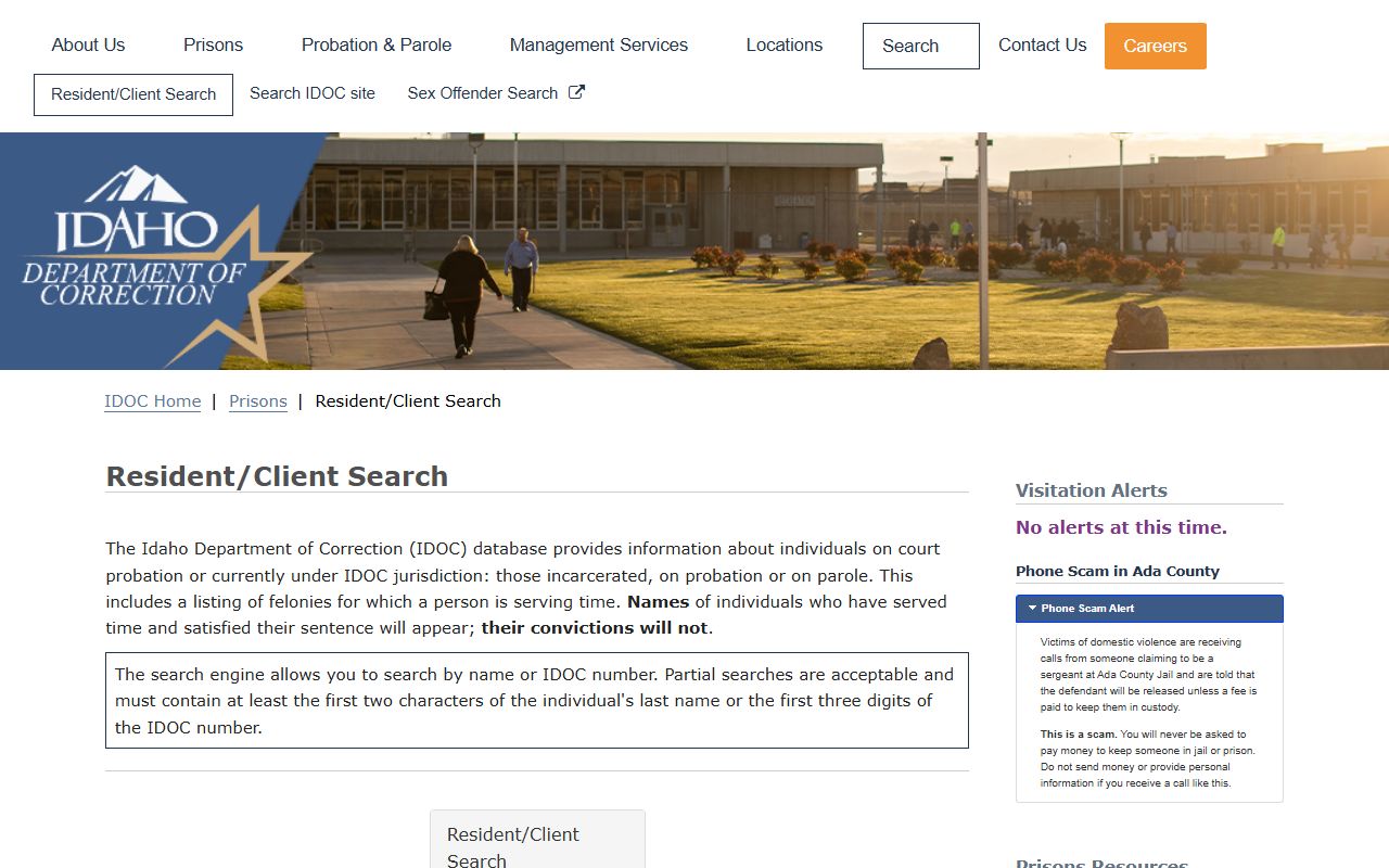 Clearwater County criminal court records Idaho Department of Correction resident search